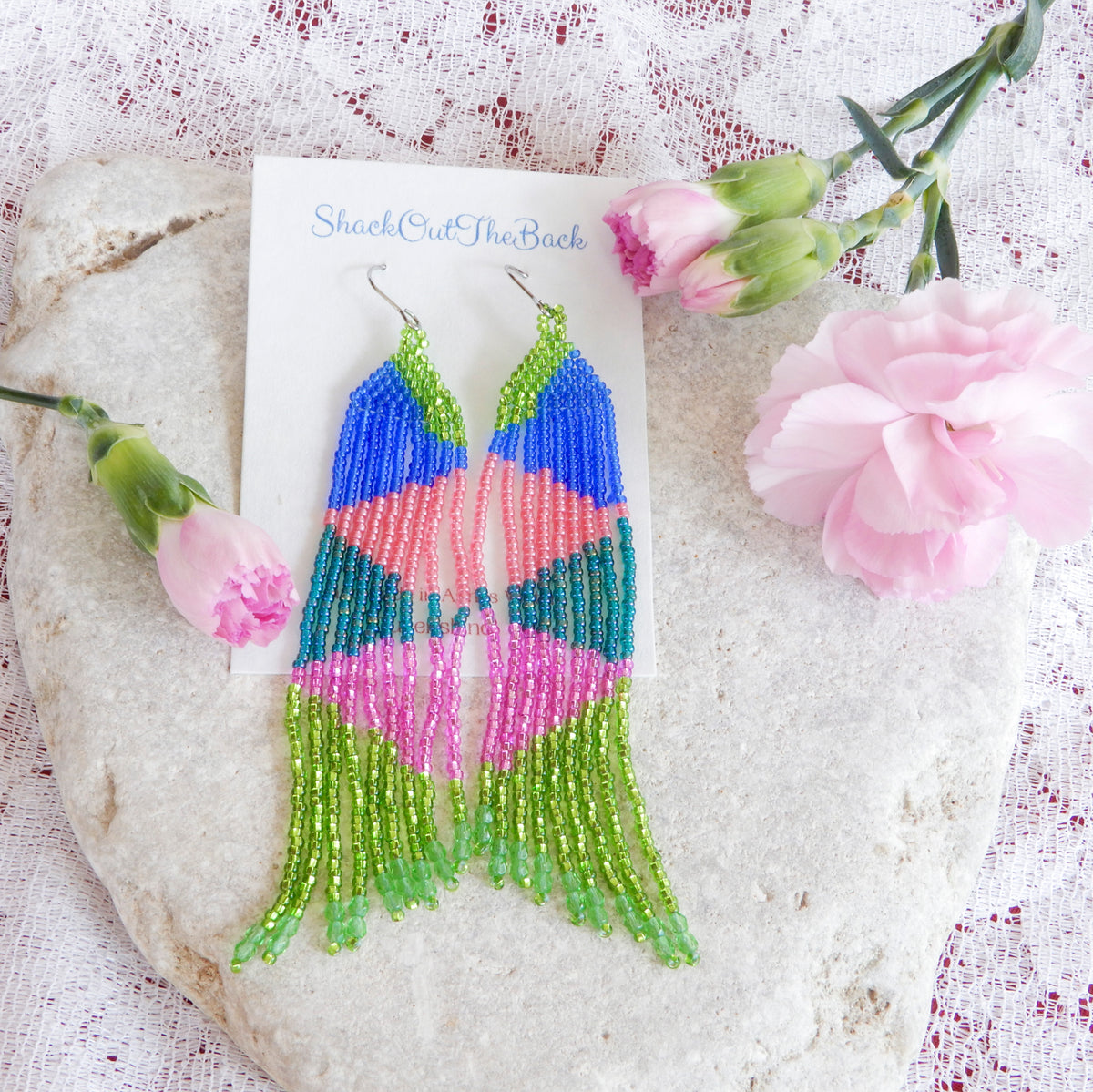 Pink & Green Beaded Fringe Earrings