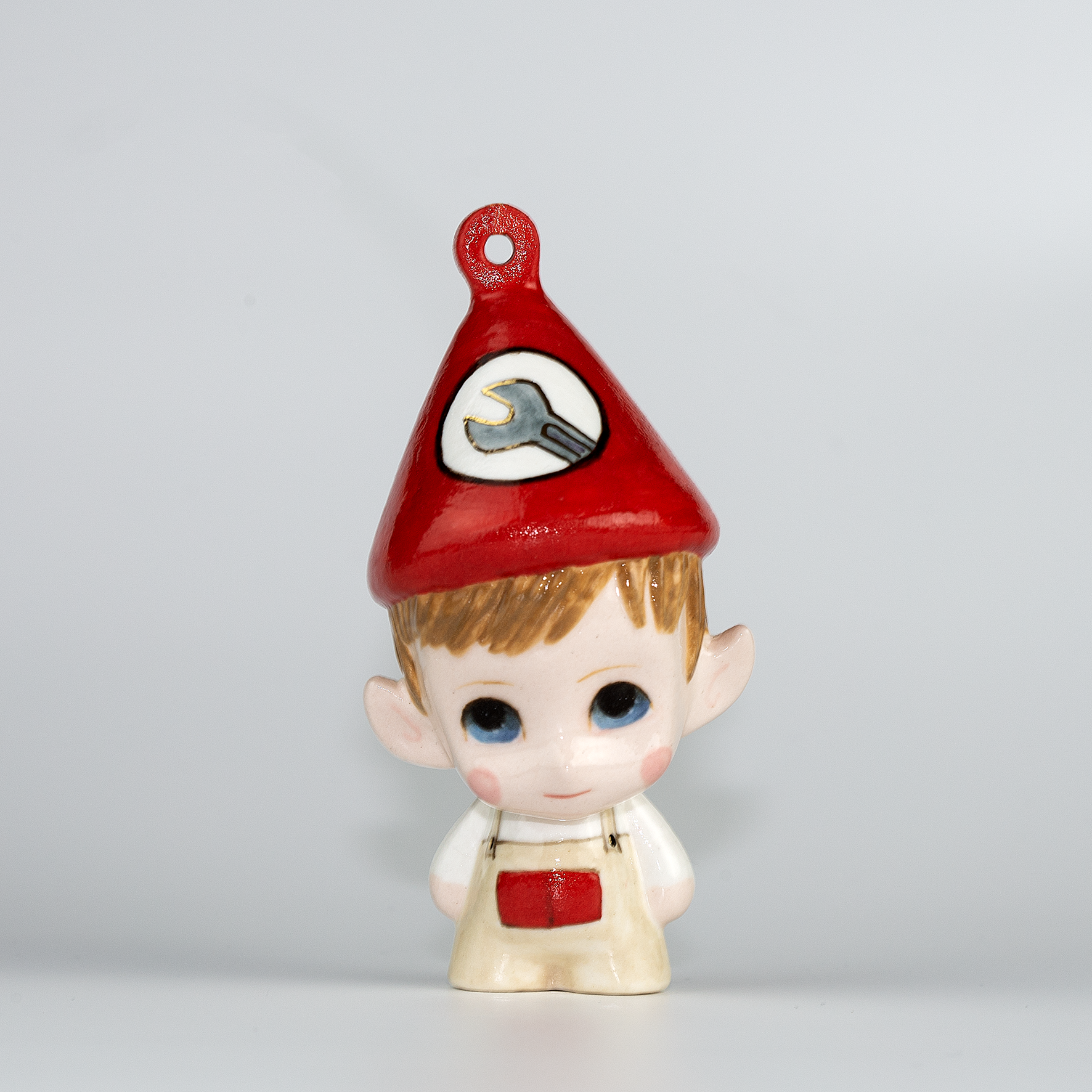 Handmade Porcelain Christmas ornament. One-of-a-kind. Henry, the Mechanical Engineer Elf.
