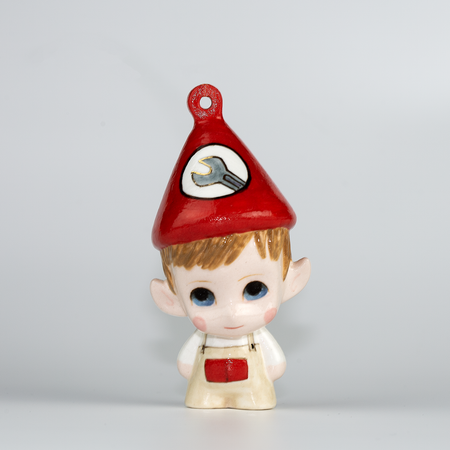 Handmade Porcelain Christmas ornament. One-of-a-kind. Henry, the Mechanical Engineer Elf.