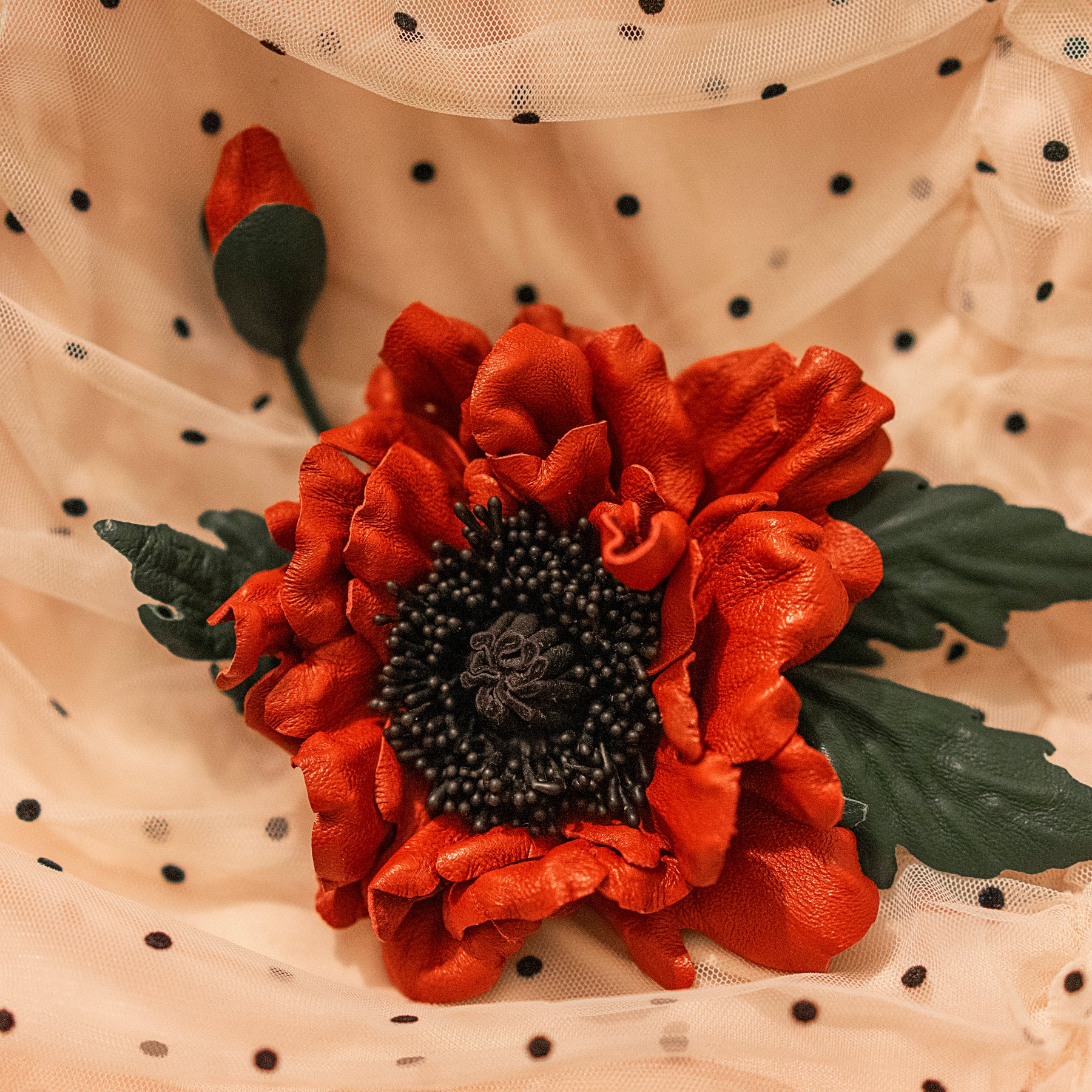 Leather Poppy "Red Ember", Flower Brooch, Pin, Hair Hat Clip