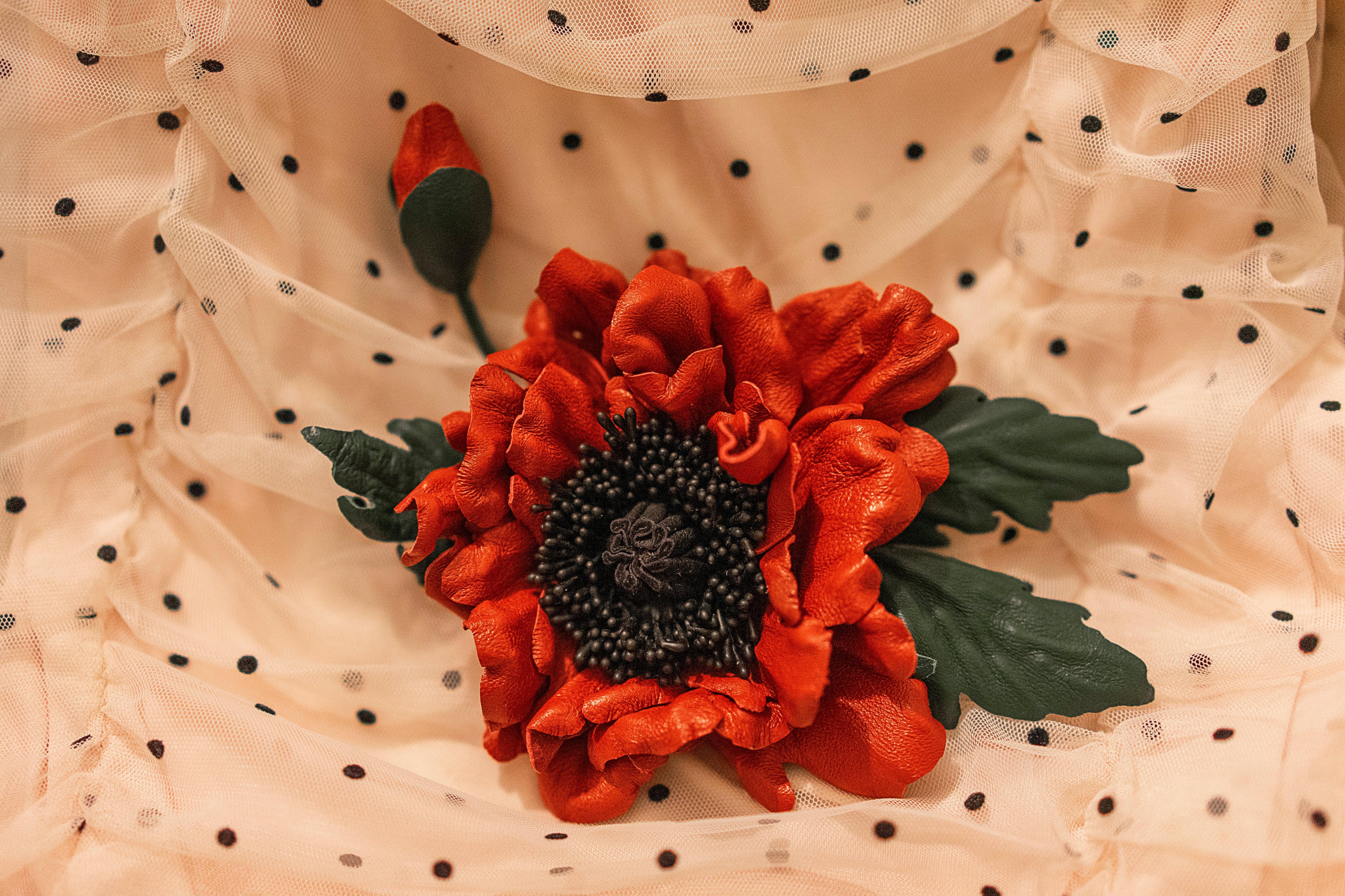 Leather Poppy "Red Ember", Flower Brooch, Pin, Hair Hat Clip