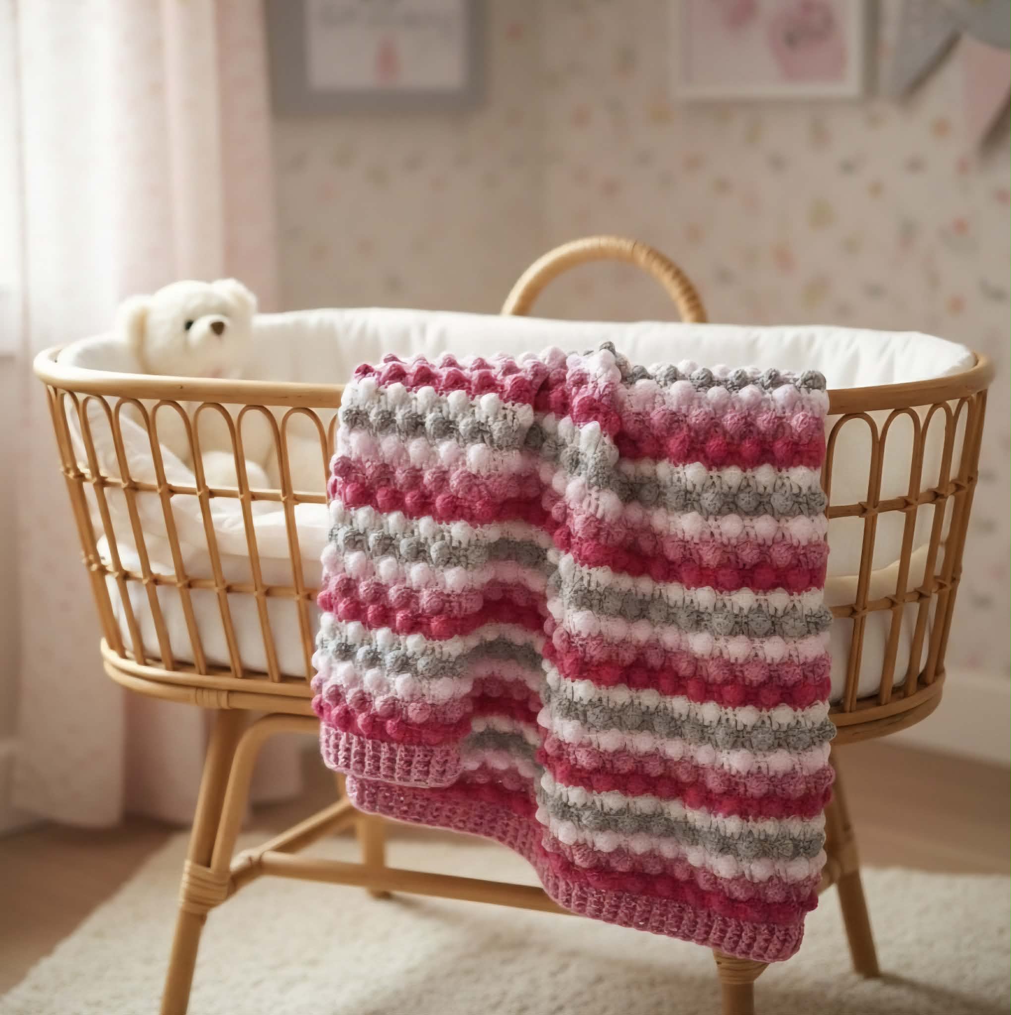 Baby Blanket | Afghan | Pink, Cream & Grey | Newborn | Handmade | Crochet | Bobble