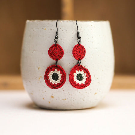 Flower medallion micro-crochet earrings - bright red, ivory and black