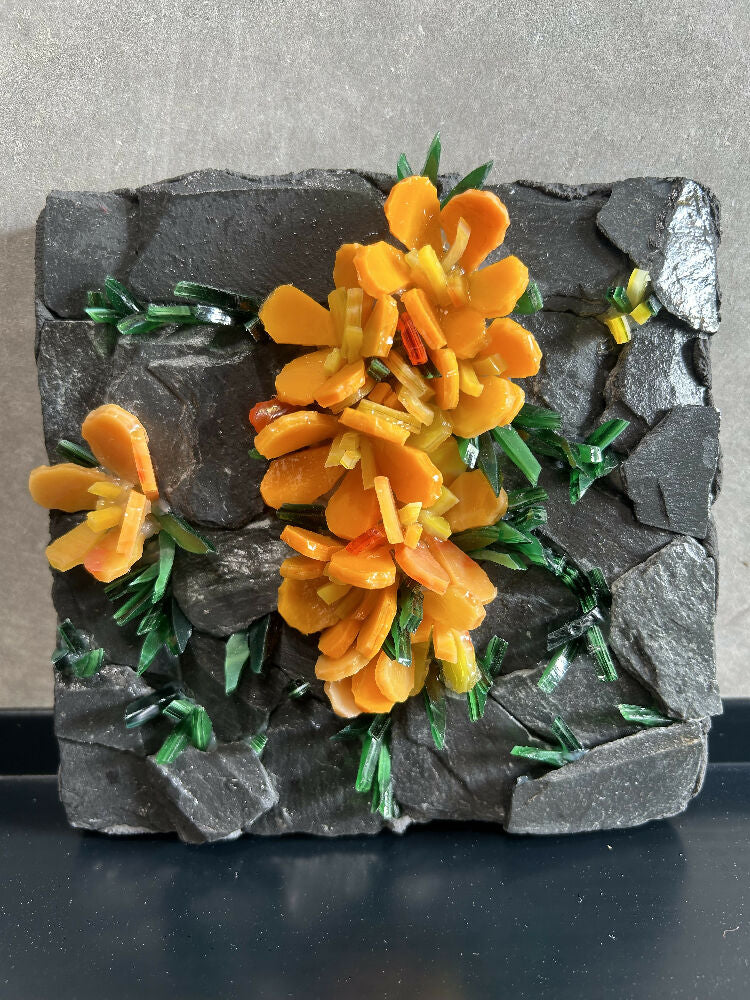 Stained Glass Orange Flowers and Slate Block Mosaic