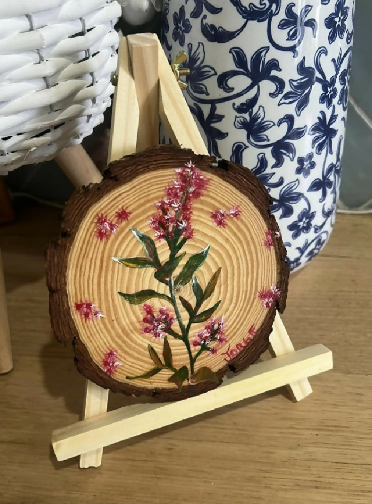 Botanical on sliced log with easel display