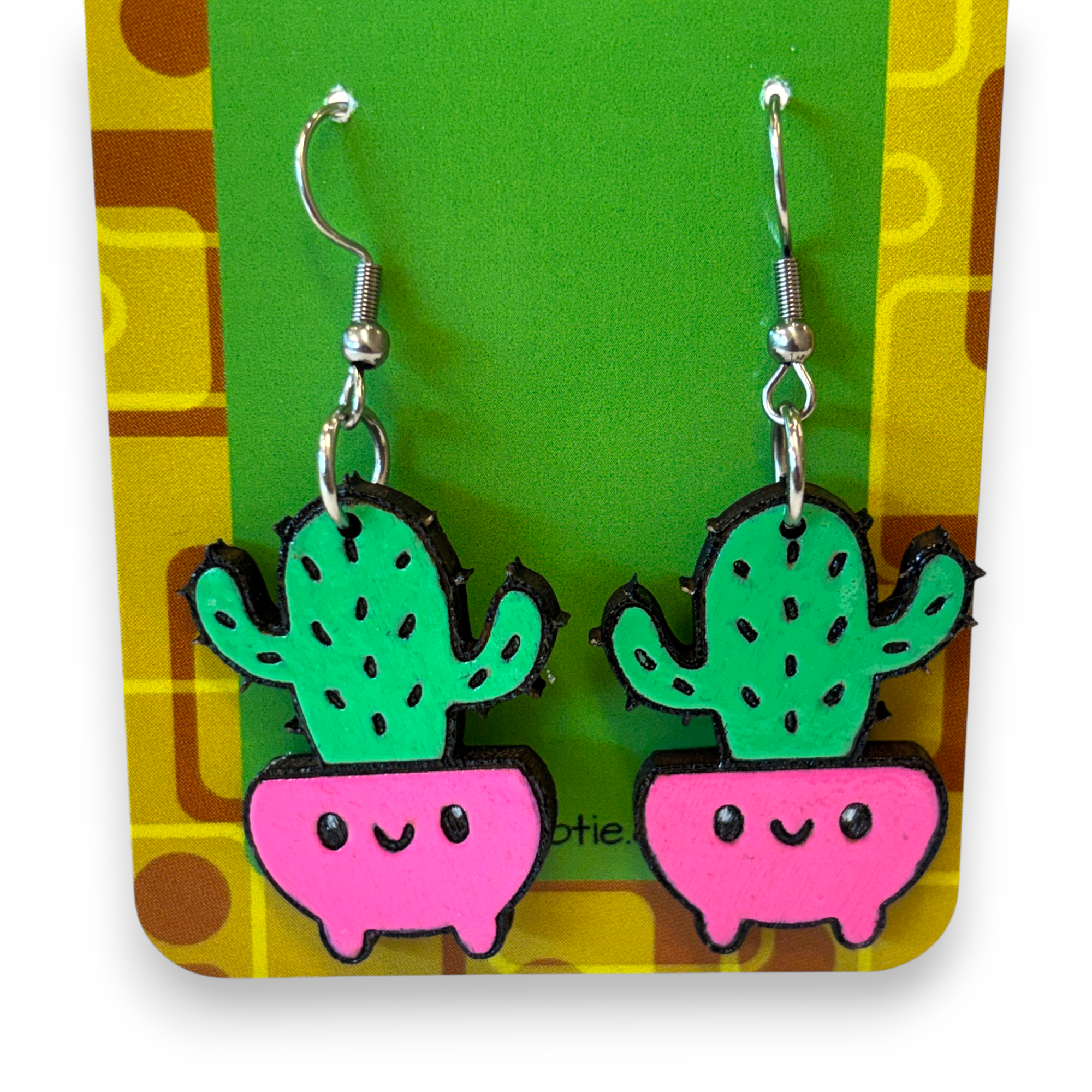 Wooden pot plant earrings - cactus - hand painted