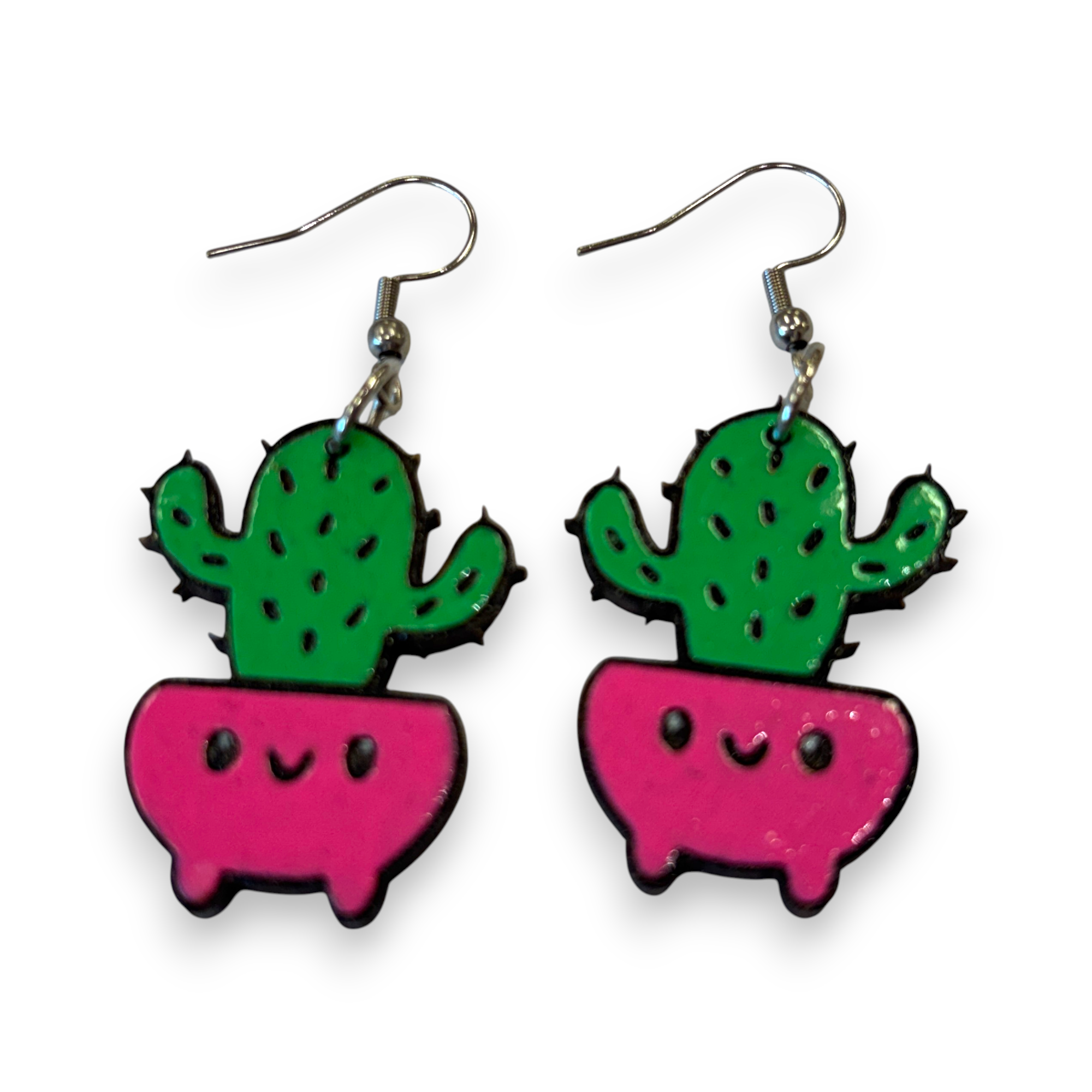 Wooden pot plant earrings - cactus - hand painted