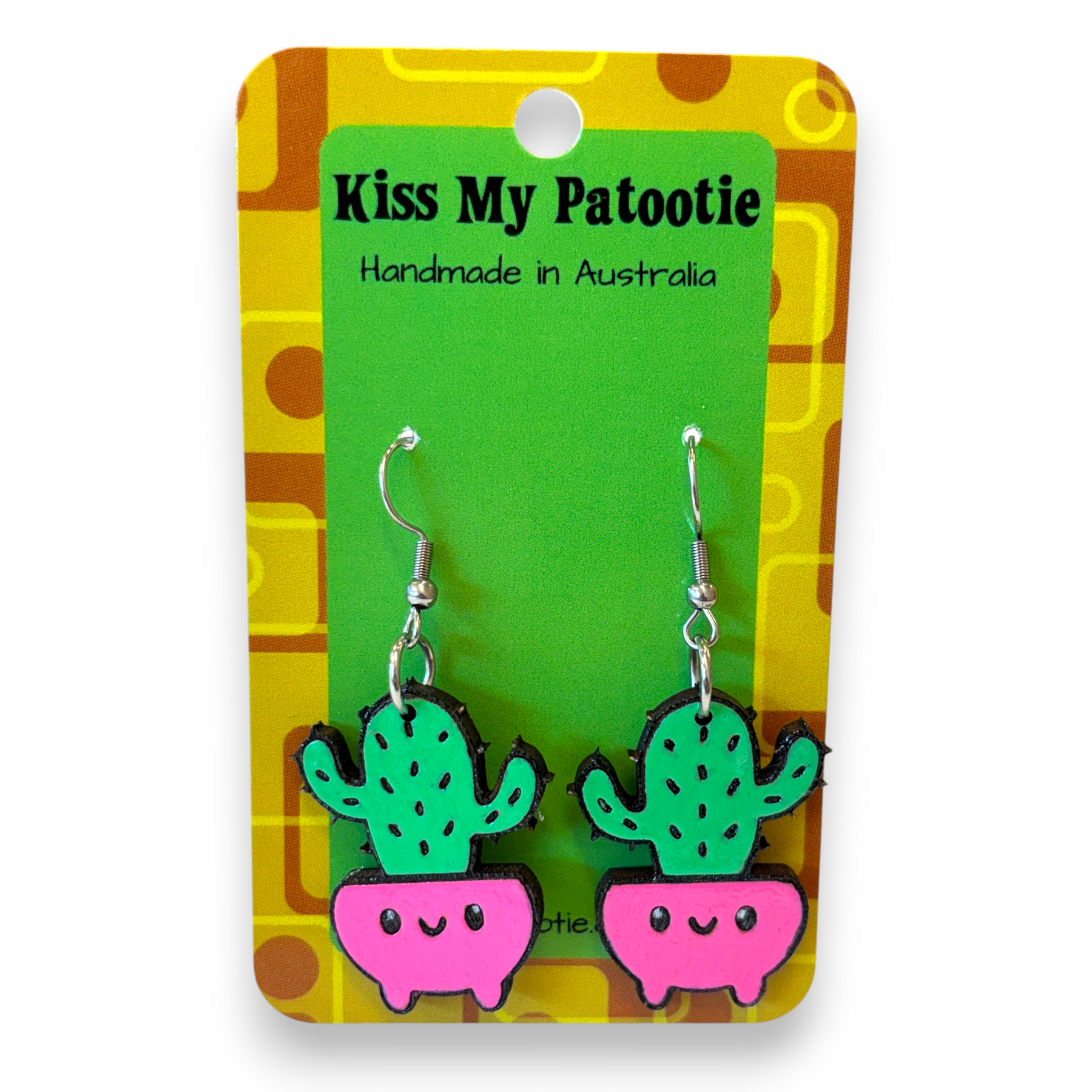 Wooden pot plant earrings - cactus - hand painted