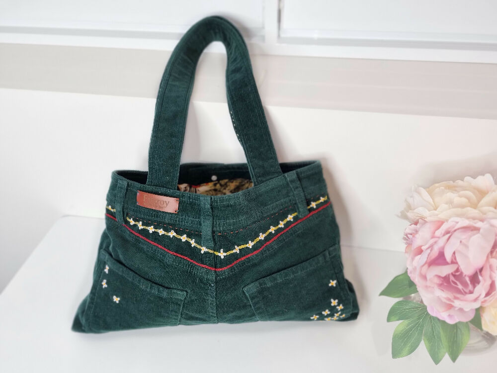 Green Corduroy Jeans Hand Bag with Daisy Embroidery, Lined, Unique
