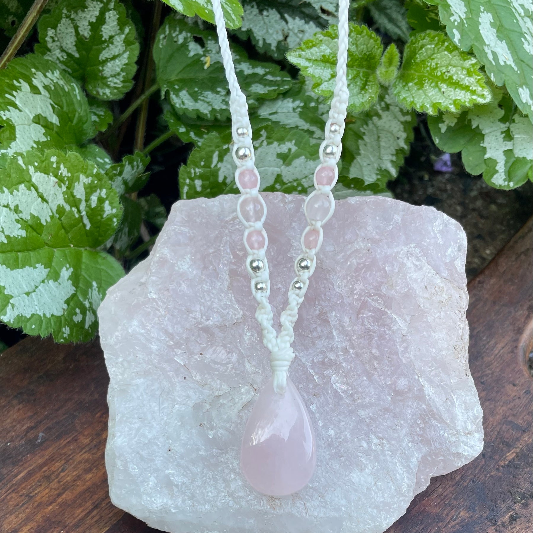 Rose Quartz Pendant, Tear drop, macrame Necklace, adjustable