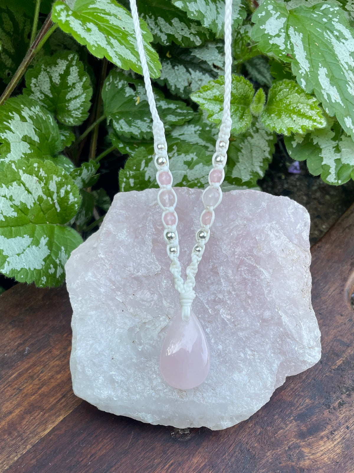 Rose Quartz Pendant, Tear drop, macrame Necklace, adjustable
