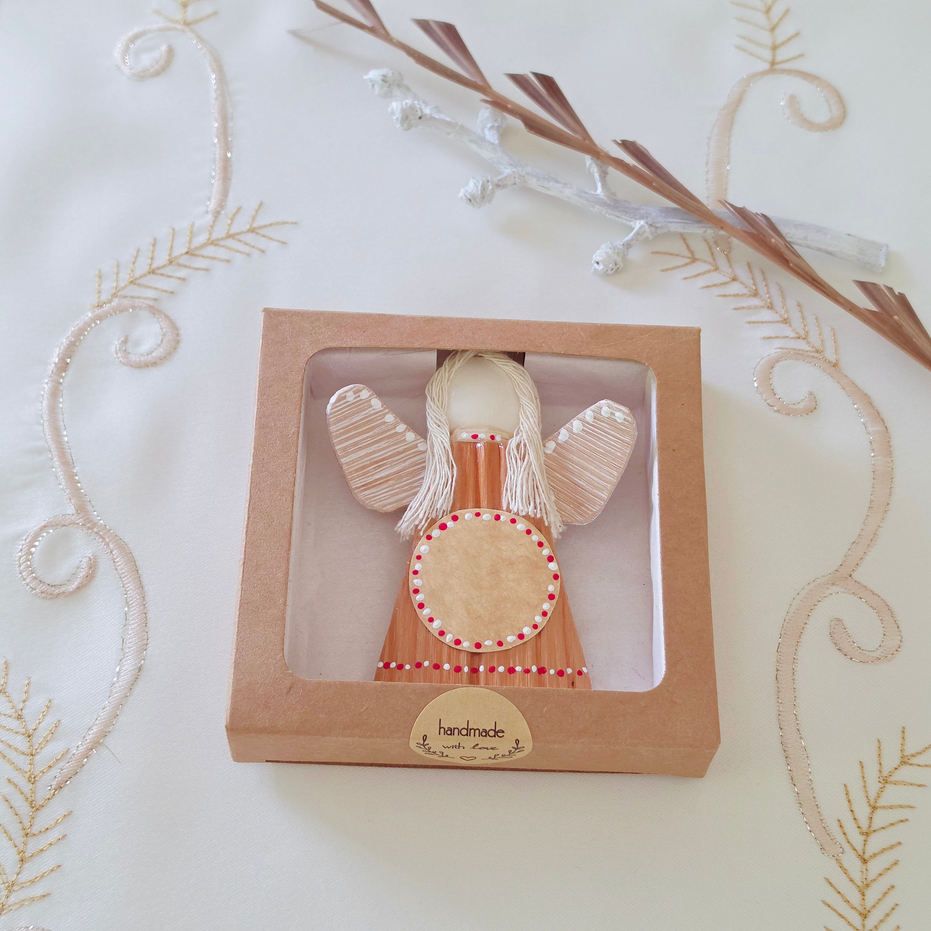 Hello - Palm Angel Ornament Keepsake, red and white dots