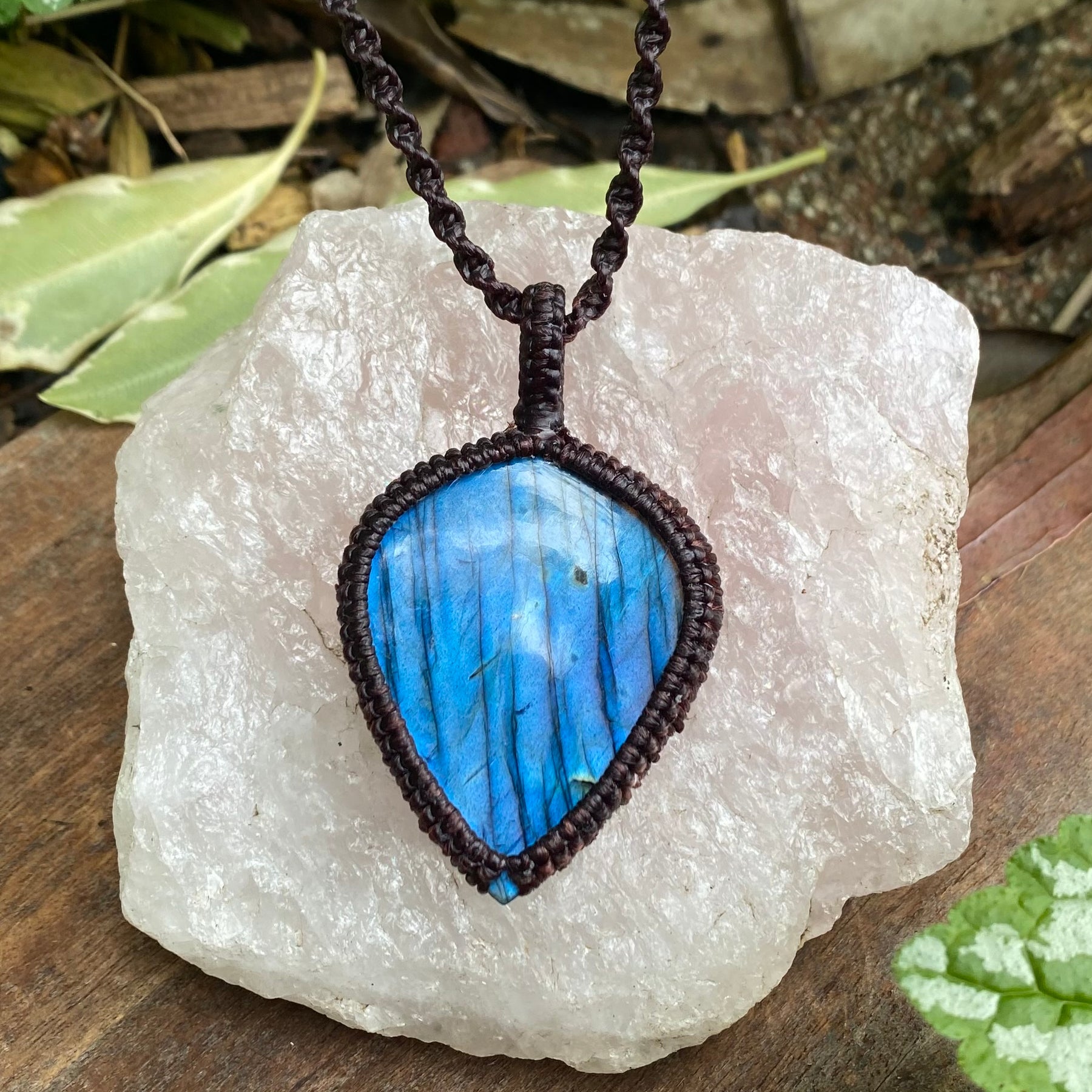 Labradorite Pendant: Blue flash Beaded Macrame, Adjustable Boho Gift