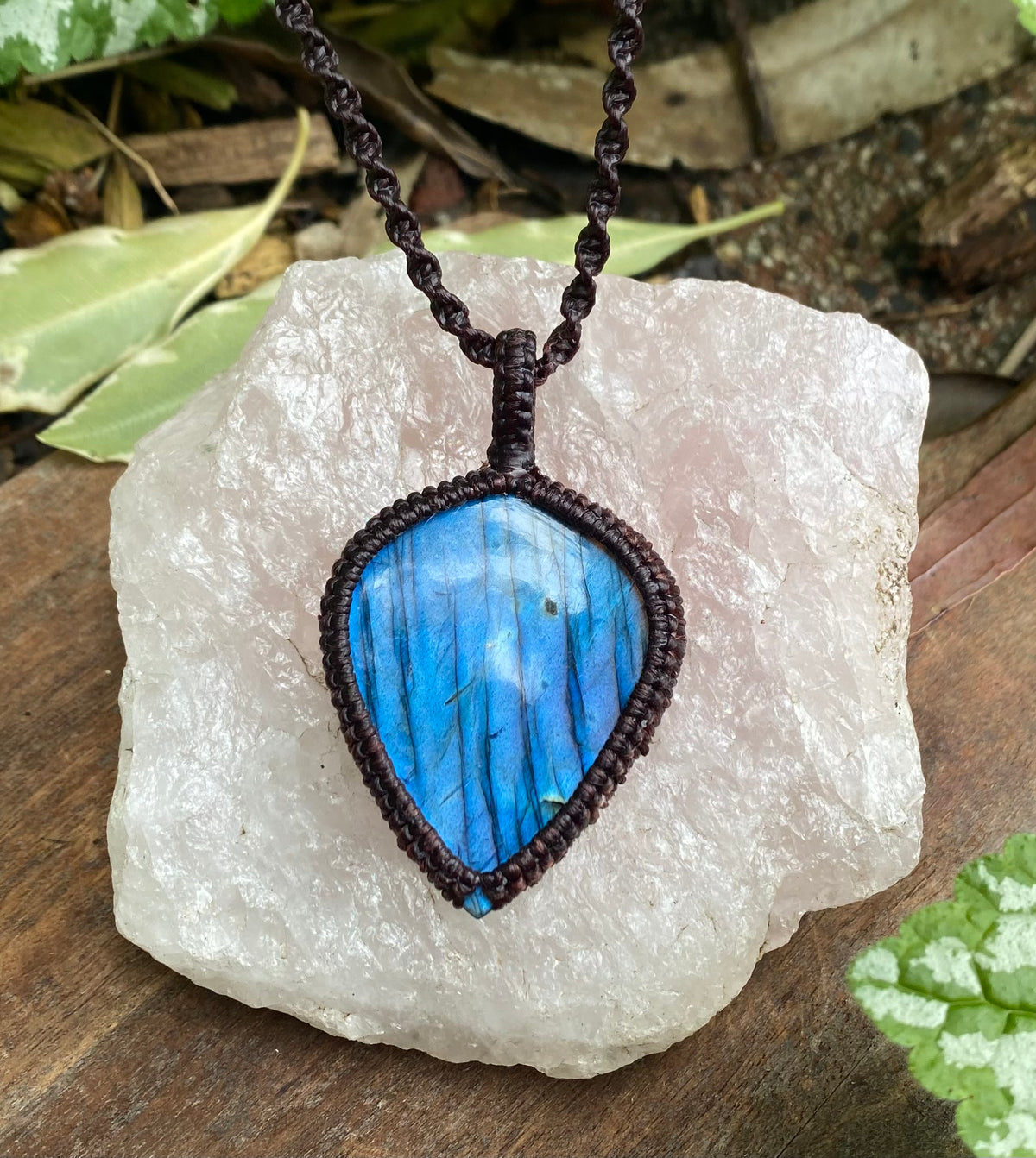 Labradorite Pendant: Blue flash Beaded Macrame, Adjustable Boho Gift