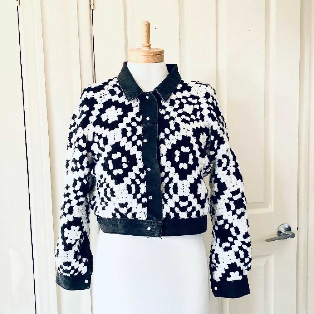 Crochet Granny Square Denim Jacket Front inside image