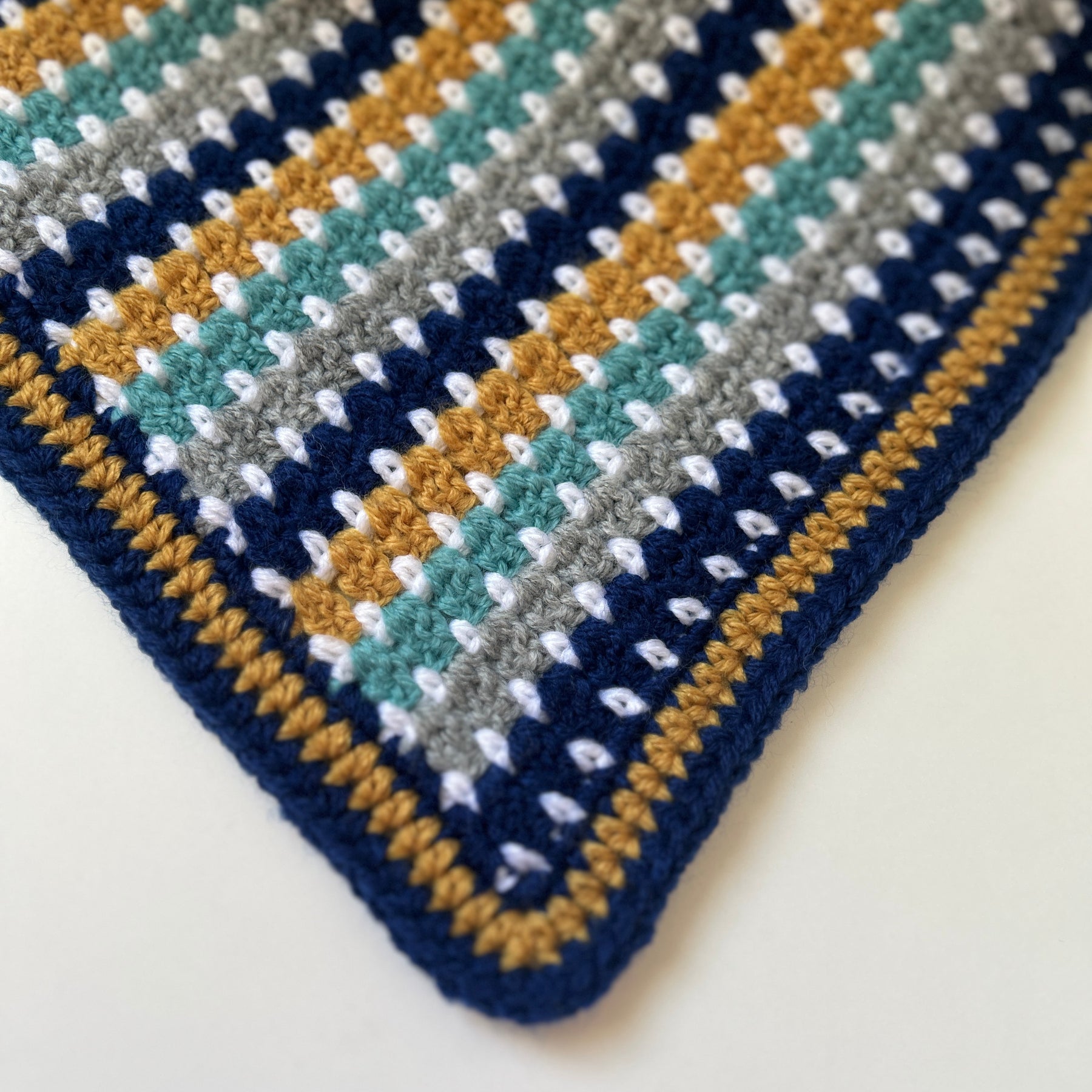 Little Adventurer – Handmade Crochet Baby Blanket | Navy, Sage, Grey & Mustard, Gender Neutral Baby Gift