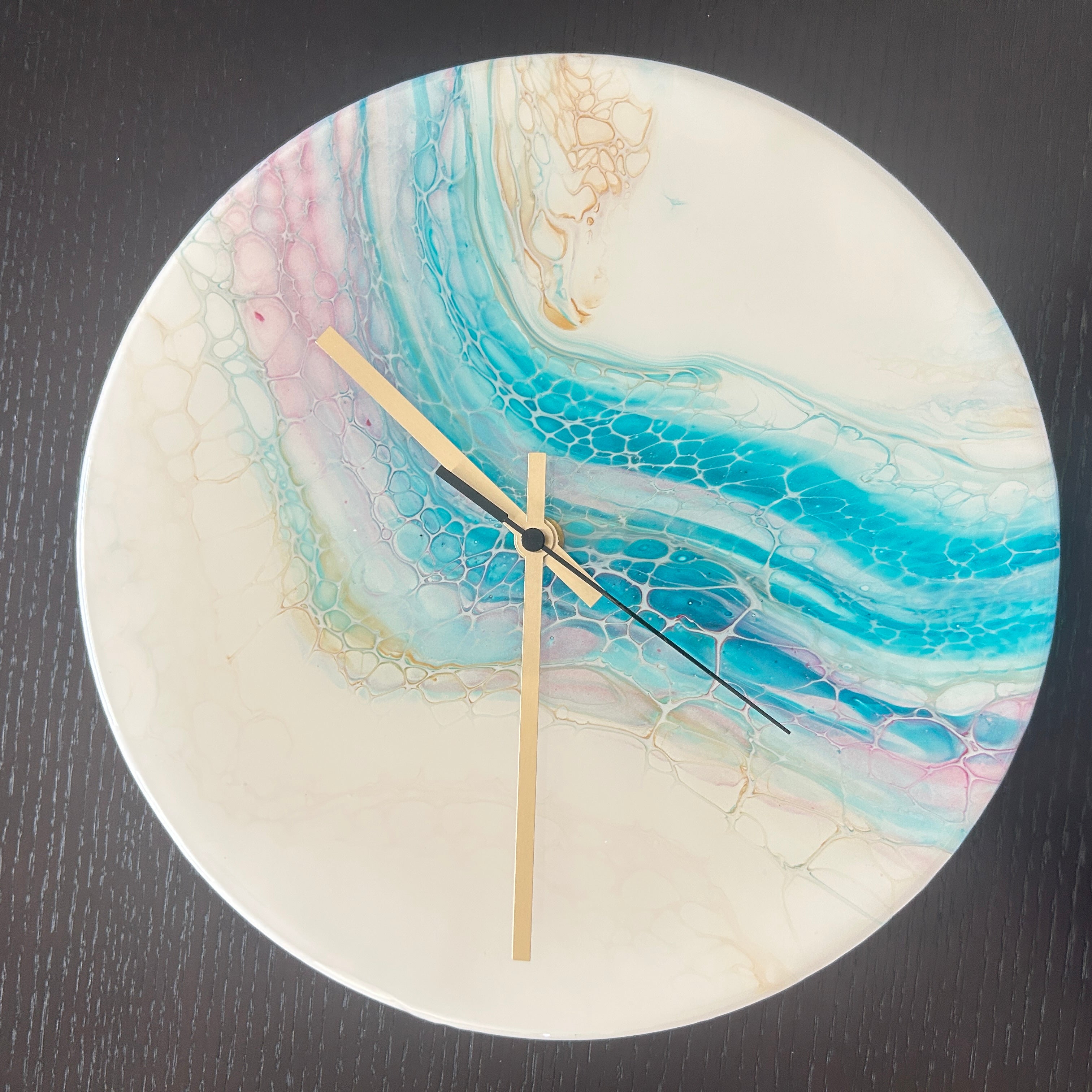 Timber Clock | 30cm Fluid Art/Resin | White-Teal-Gold