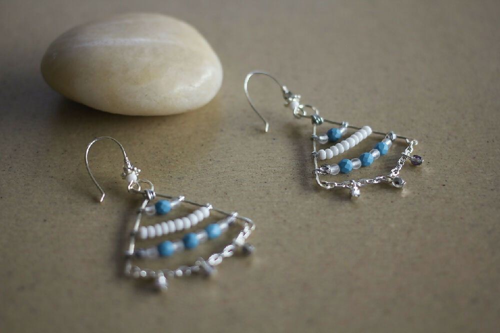 Blue and White Beaded Dangle Earrings, Tribal Style Earrings