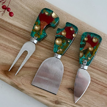 Set of 3 Green Botanical Cheese Knife featuring Australian Native Flowers