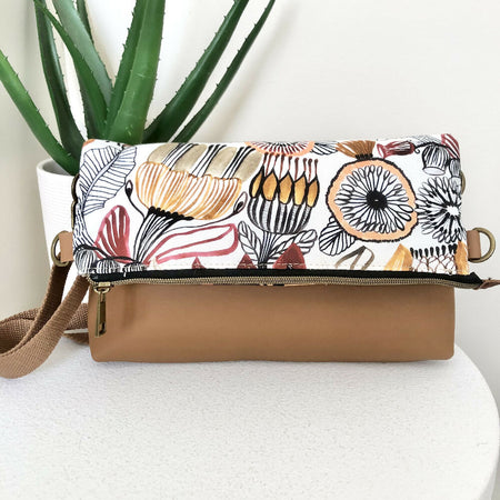 Fold Over Bag in Tan Brown Leather and Australian Flora - Double Sided