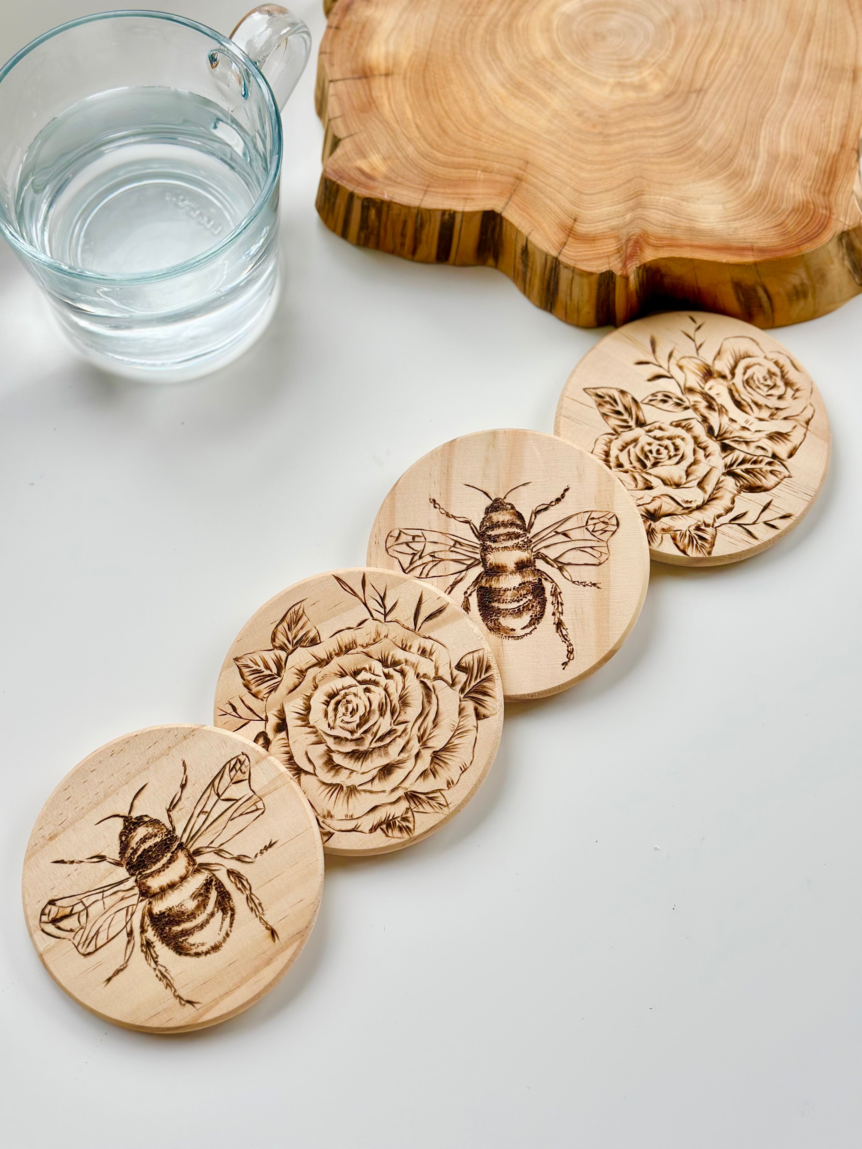 Pyrography Wood Coaster Honey Bee and Flower | Hand Burnt Stunning Coa