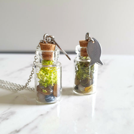 Tiny Metal Fish Charm & Green Moss River Terrarium bottle Pendant