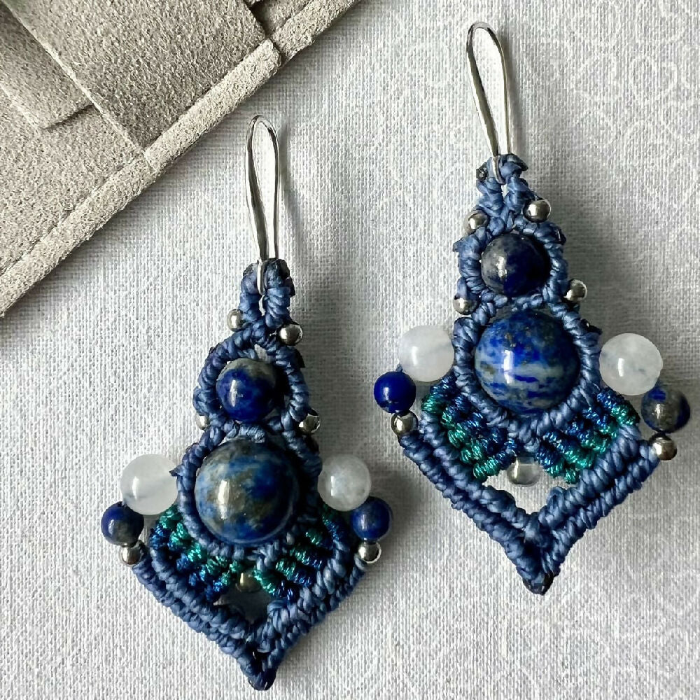 SOLD OUT Lapis Lazuli & Moonstone Macrame Earrings +Free Microfibre Pouch