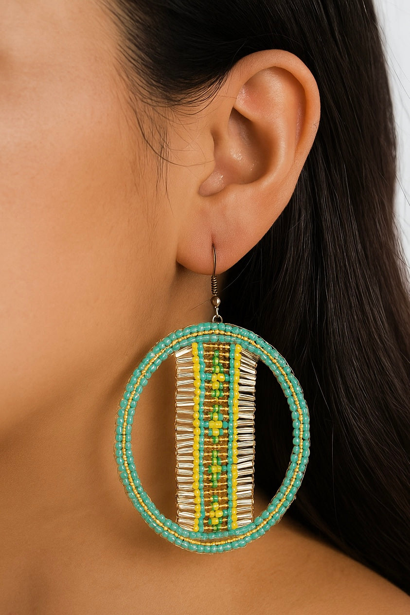 DESERT SUN | hoop earrings | blue, gold, green | beaded pattern