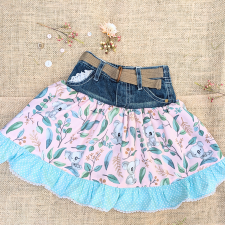 Size 3-4 Upcycled Denim skirt Koalas Teal dot Ruffle