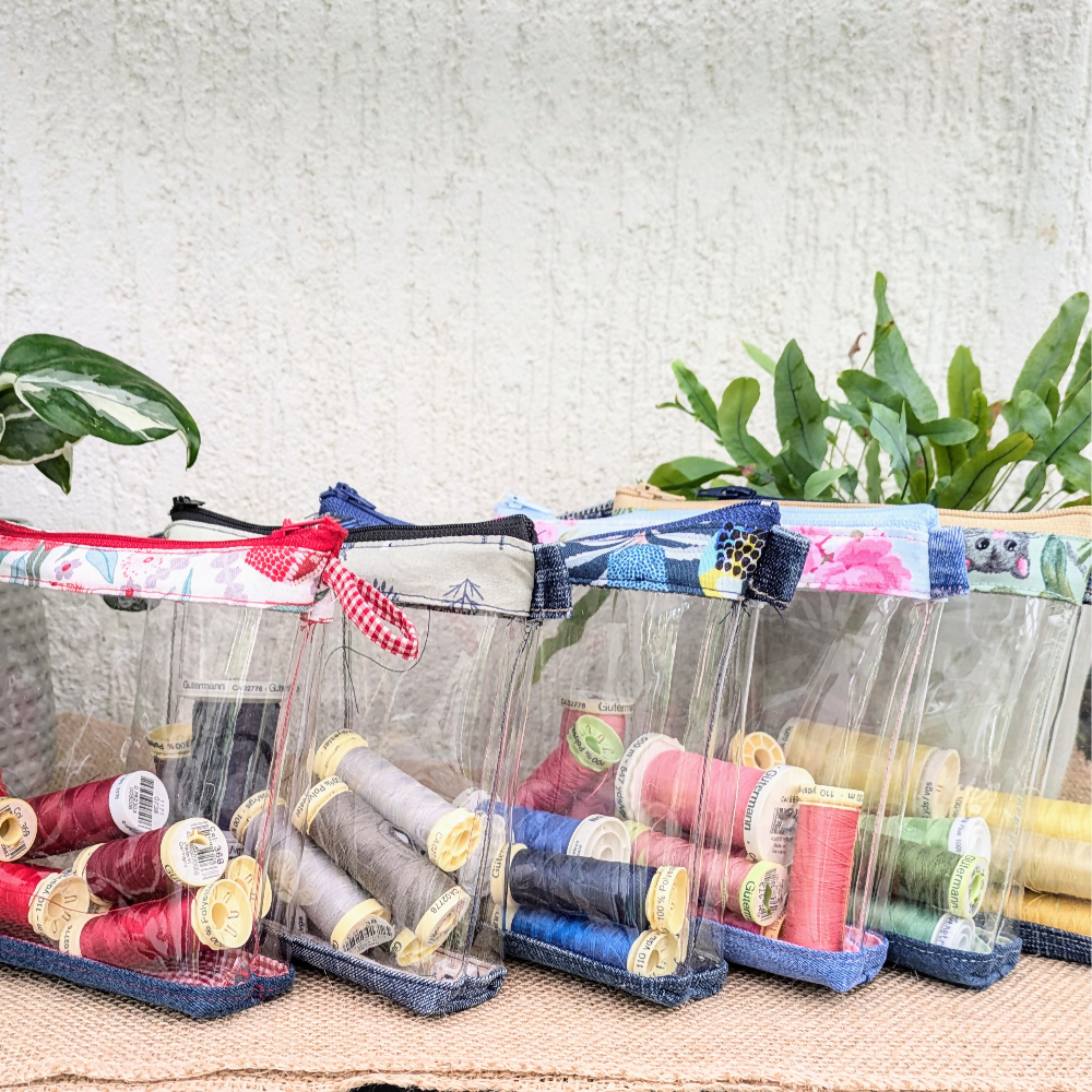 Clear Pouch Organiser with Upcycled Denim base Red botanical