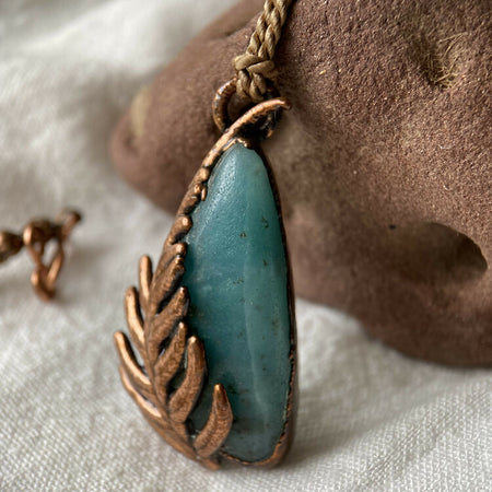 Amazonite and Bracken Fern Pendant on Silk Cord