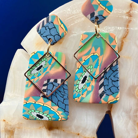 Mosaic and gold dangle earrings