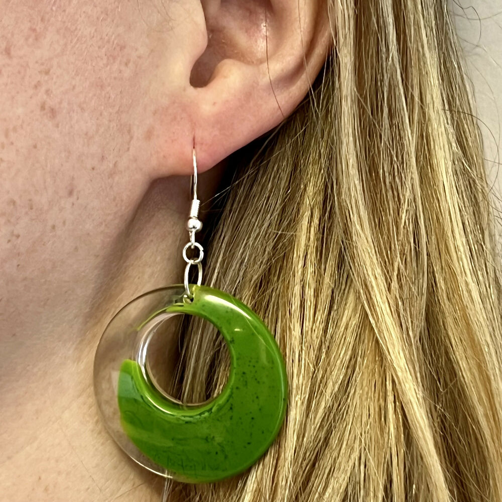 Smooth Round Square Green Glass Earrings