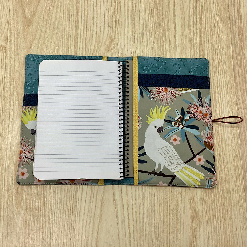 Cockatoos refillable A5 fabric notebook cover gift set - Incl. book and pen.