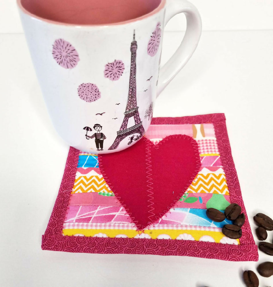 Pink Mug Rug with Heart - Single Coaster - FREE SHIPPING!