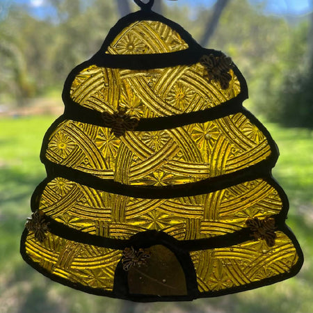 Beehive with 5 bees, Stained Glass