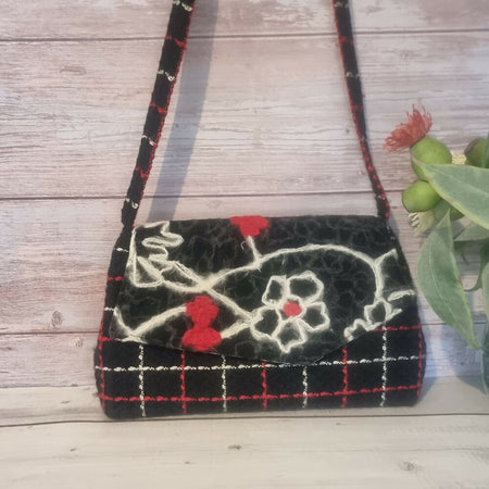 Striking upcycled vintage-style handbag - black, red & white