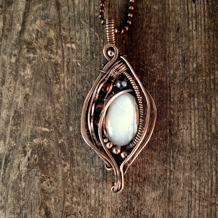 White Moonstone with Garnets and Hematite in Copper with chain