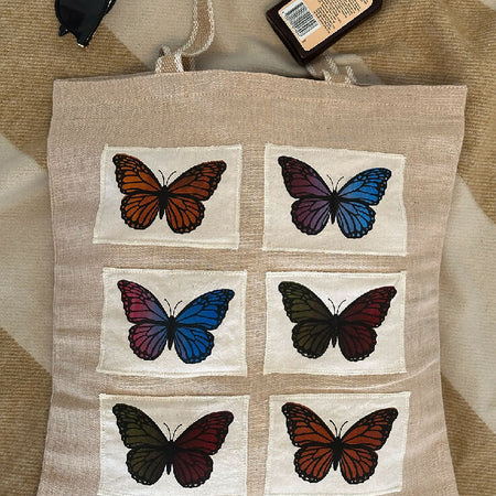 Canvas tote bag with hand screen printed butterflies or daisies