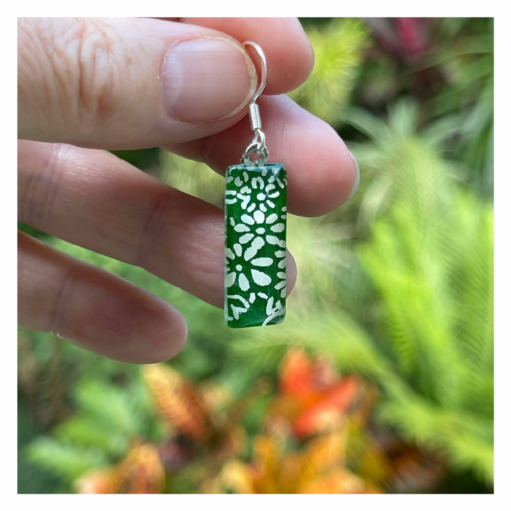 Bright Green Earrings with White Flowers made with Japanese Papers