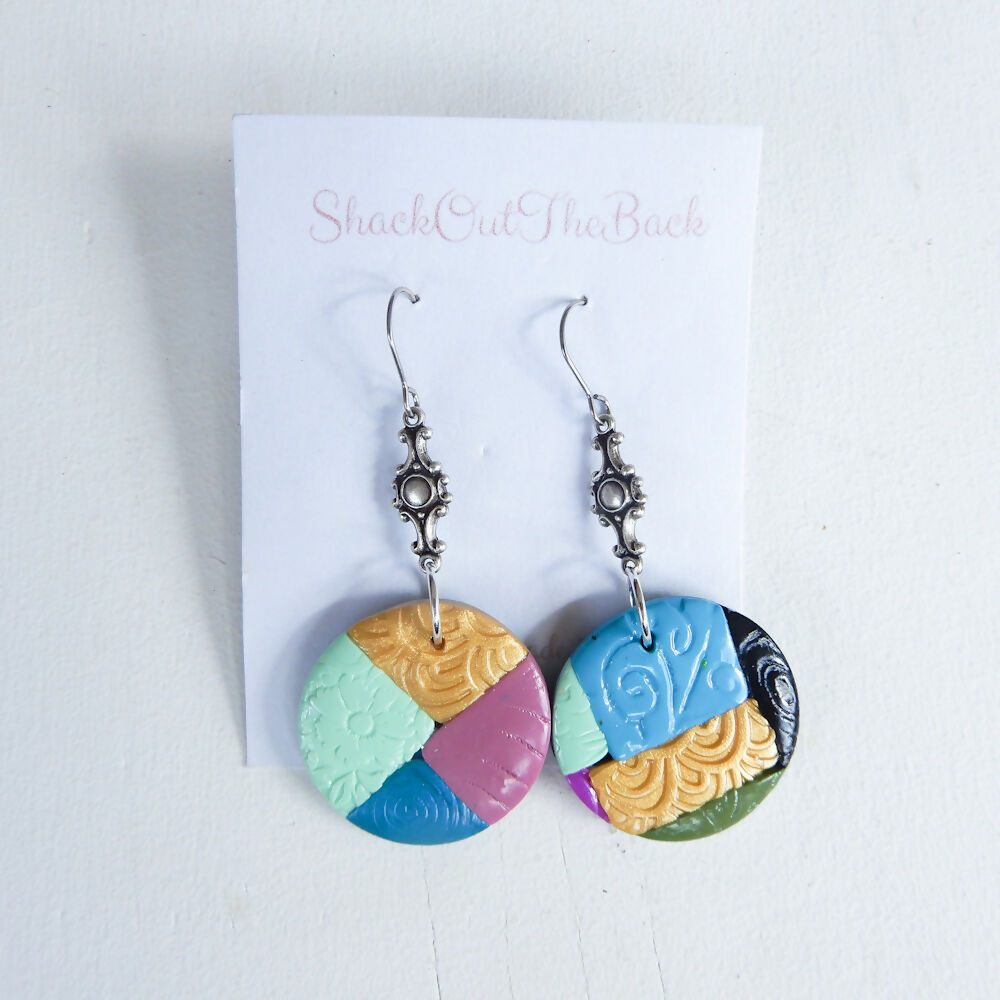 Patchwork Polymer Clay Earrings "Columbine" Round