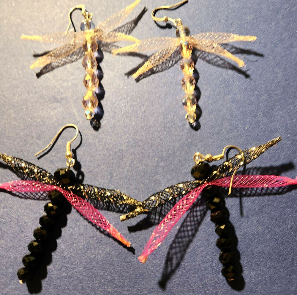 Dangle earrings. Pink Dragonfly nylon mesh and crystals.