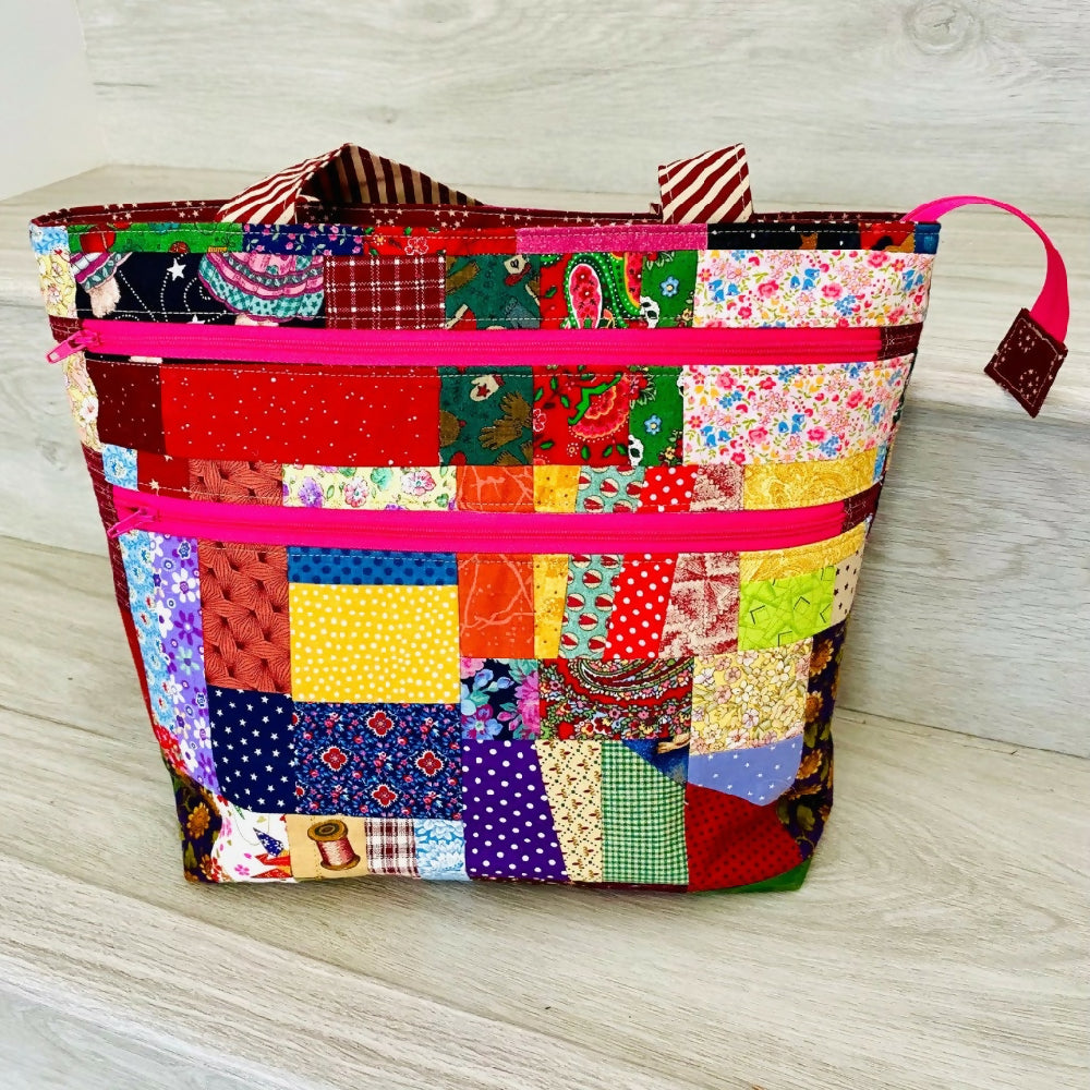 Triple zipper “scrappy” patchwork tote bag