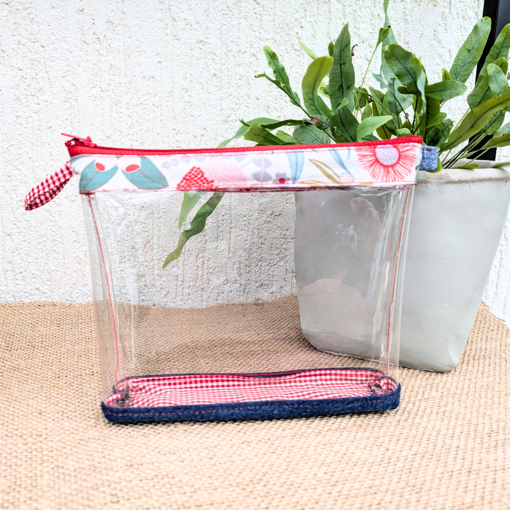 Clear Pouch Organiser with Upcycled Denim base Red botanical