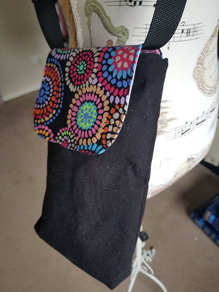 Upcycled mobile phone crossbody - black & rainbow