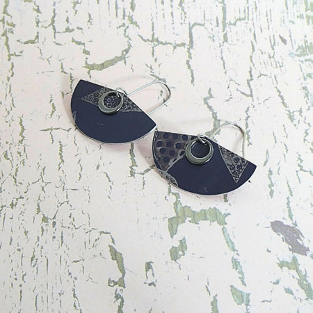 Printed and dyed grey anodised aluminium earrings