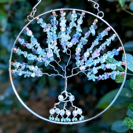 Rainbow fluorite suncatcher with glass beads - Wire art - OOAK design