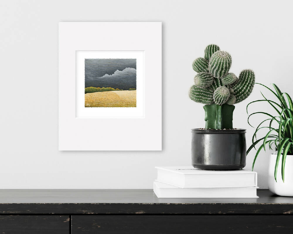 Landscape art print, abstract wall art, Setting sunlight, storm clouds