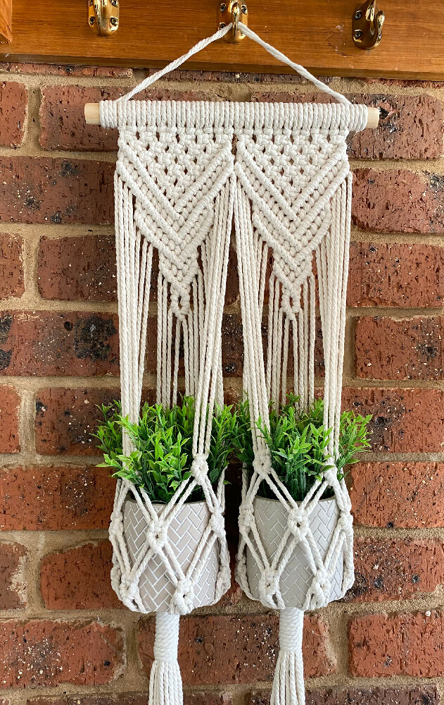 macrame plant hanger australia Macrame Double Pot Plant Hanger Natural Colour