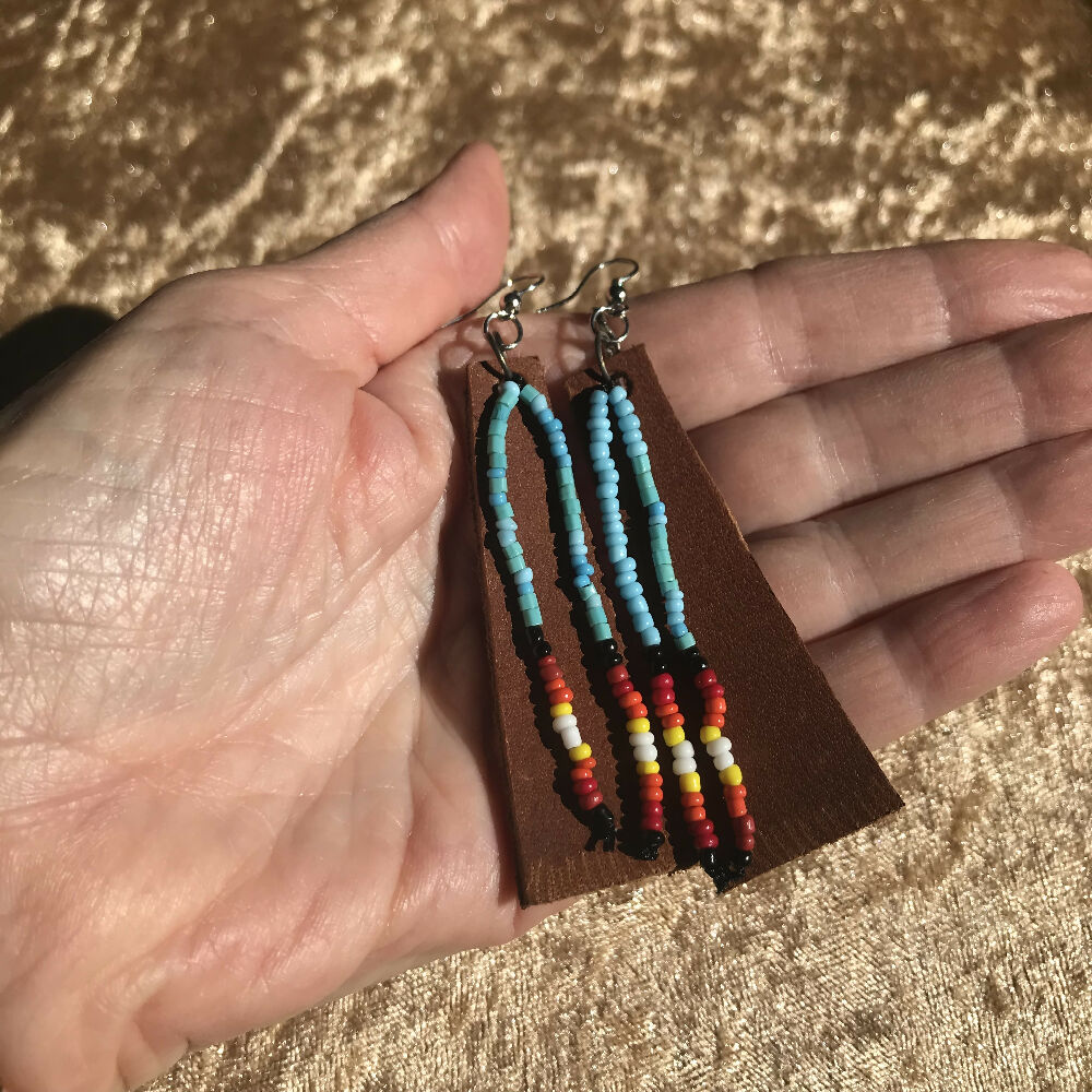 Tan Leather Earrings with 2 x Bead Strands